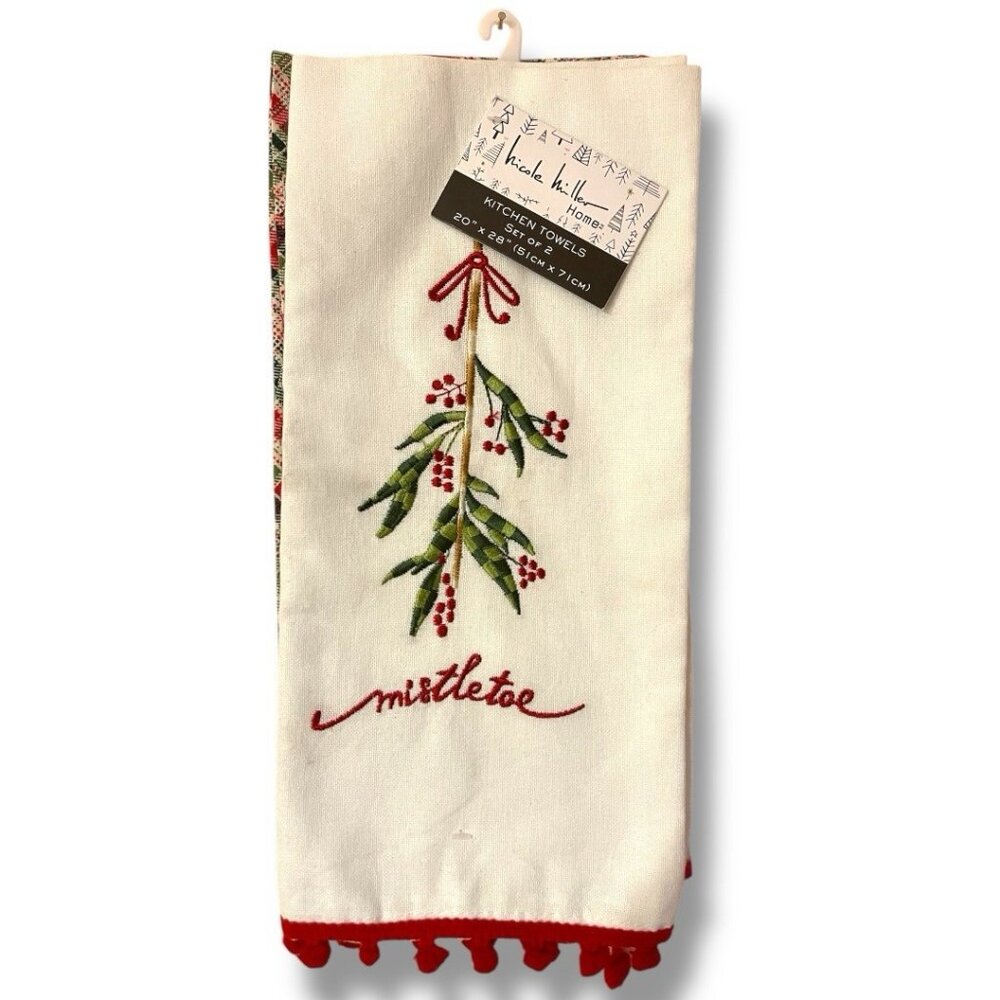 2~NICOLE MILLER HOME KITCHEN TOWEL CHRISTMAS MISTLETOE RED WAFFLE COTTON 20”x28”